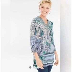 Chico's 570223914 Teal Lilac Paisley 3/4 Sleeve Tunic Top Shirt Sz 1 (M)